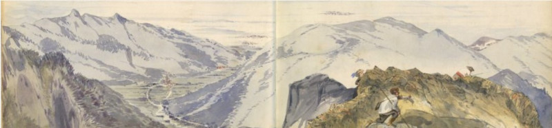 Vue du Salon du Ger sur la vallée d’Ossau, aquarelle du comte Roger de Bouillé, 22 août 1861, collection particulière